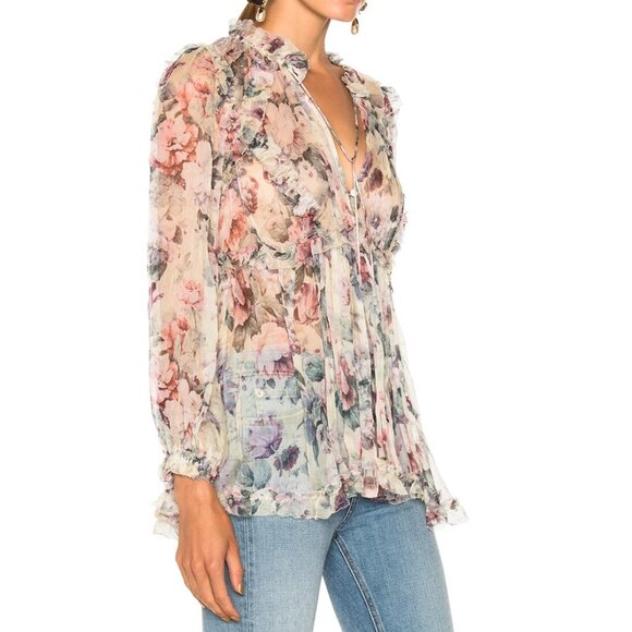 Zimmermann Jasper Floral Ruffle Sheer Blouse Top Size 1 Small b75E - Picture 7 of 10